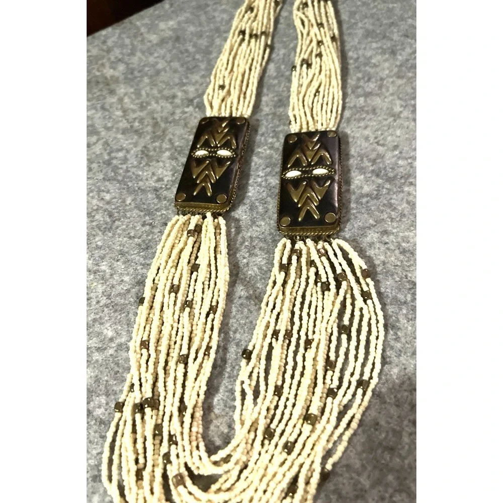 Vintage Necklace Multi Strand cream Seed Bead brass Round Beads 26